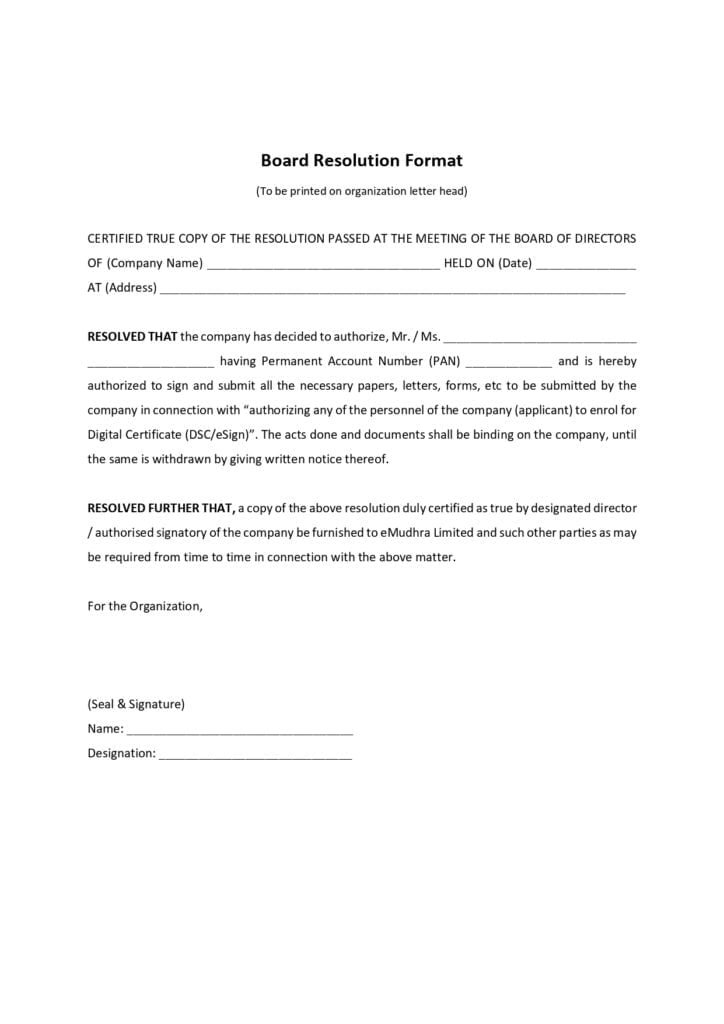 Board resolution letter format