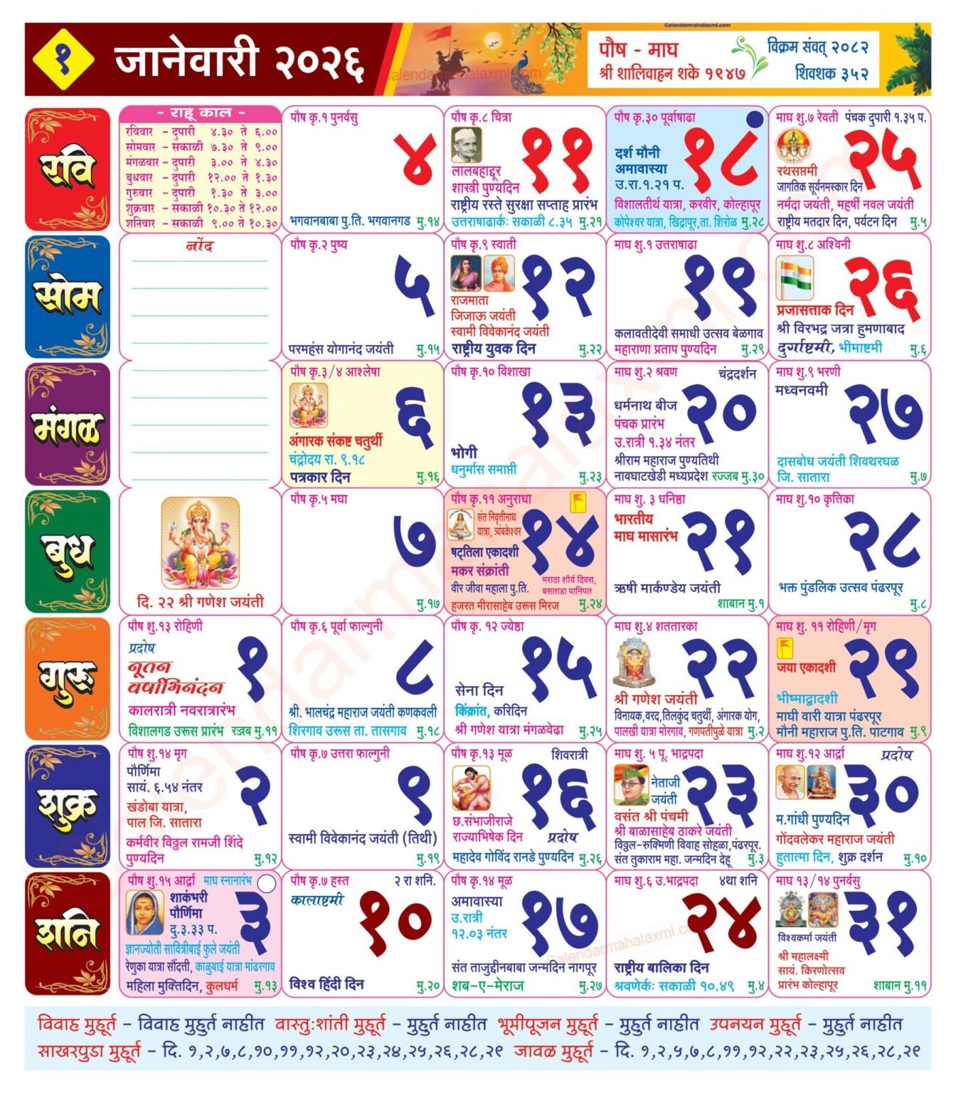 Mahalaxmi Calendar January 2026