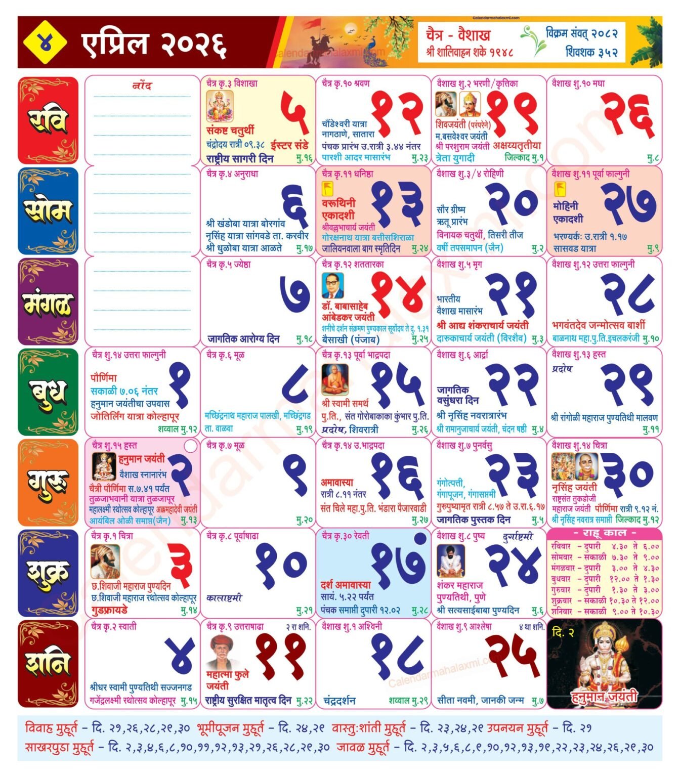 Mahalaxmi Calendar April 2026