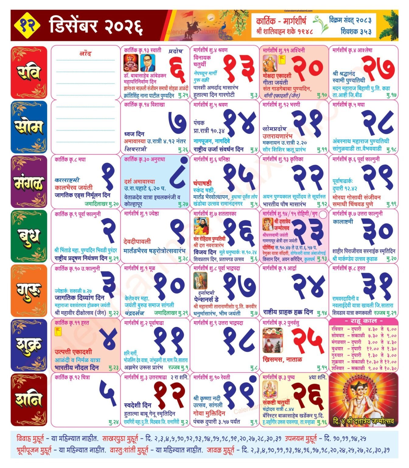 Mahalaxmi Calendar December 2026
