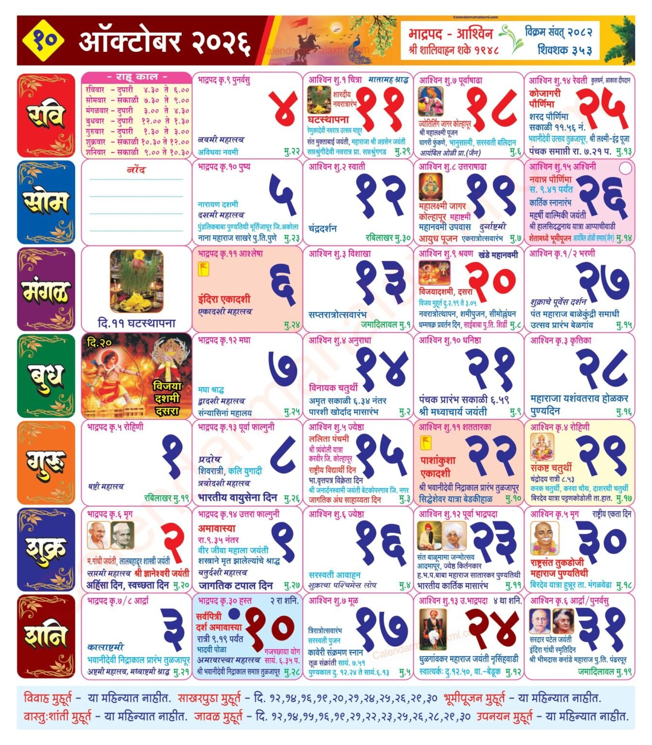Mahalaxmi Calendar October 2026