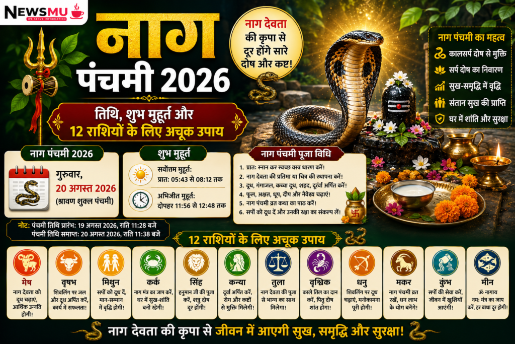 Nag Panchami 2026: तिथि, शुभ मुहूर्त और 12 राशियों के लिए अचूक उपाय Nag Panchami 2026: तिथि, शुभ मुहूर्त और 12 राशियों के लिए अचूक उपाय