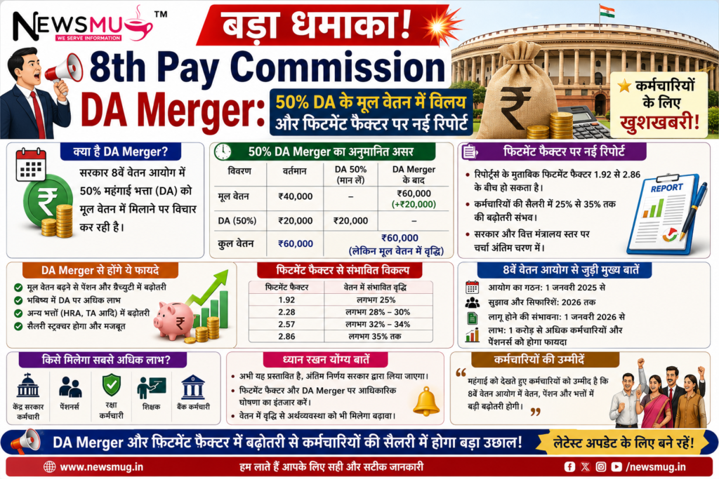 8th Pay Commission DA Merger: बड़ा धमाका! 50% DA के मूल वेतन में विलय और फिटमेंट फैक्टर पर नई रिपोर्ट 8th Pay Commission DA Merger