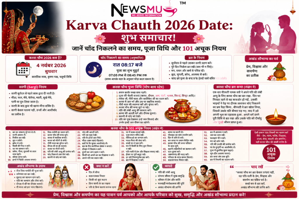 Karva Chauth 2026 Date: शुभ समाचार! जानें चाँद निकलने का समय, पूजा विधि और 101 अचूक नियम Karva Chauth 2026 Date
