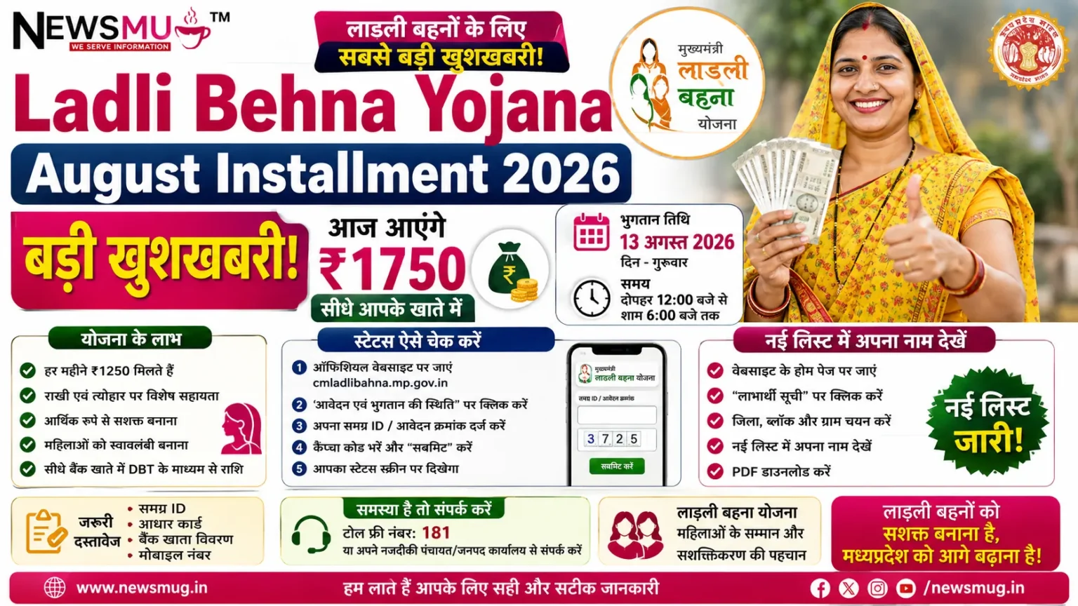 Ladli Behna Yojana August Installment 2026: बड़ी खुशखबरी! आज आएंगे ₹1750, यहाँ देखें स्टेटस और नई लिस्ट Ladli Behna Yojana August Installment 2026