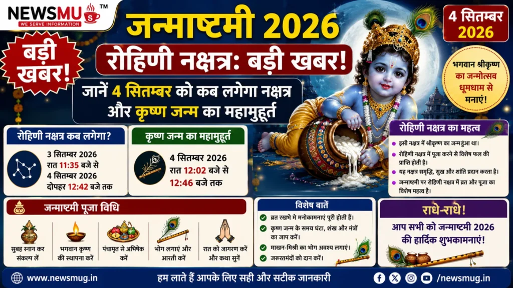 Janmashtami 2026 Rohini Nakshatra: बड़ी खबर! जानें 4 सितम्बर को कब लगेगा नक्षत्र और कृष्ण जन्म का महामुहूर्त Janmashtami 2026 Rohini Nakshatra